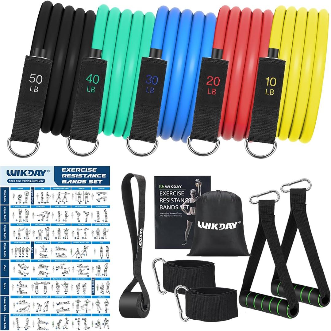 WIKDAY Exercise Resistance Bands with Handles for Working Out Workout Bands Set with Door Anchor for Physical Therapy, Yoga, Pilates (Light (10-150lb), Multicolor)