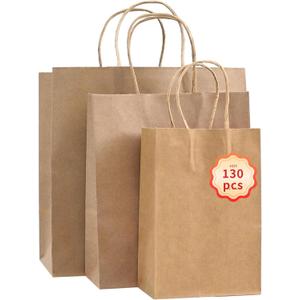 PAICUIKE 130pc Brown Paper Bags with Handles Bulk Brown Gift Bags - Assorted Sizes for Party, Retail & Business Use, Birthday, Weding, Baby Shower