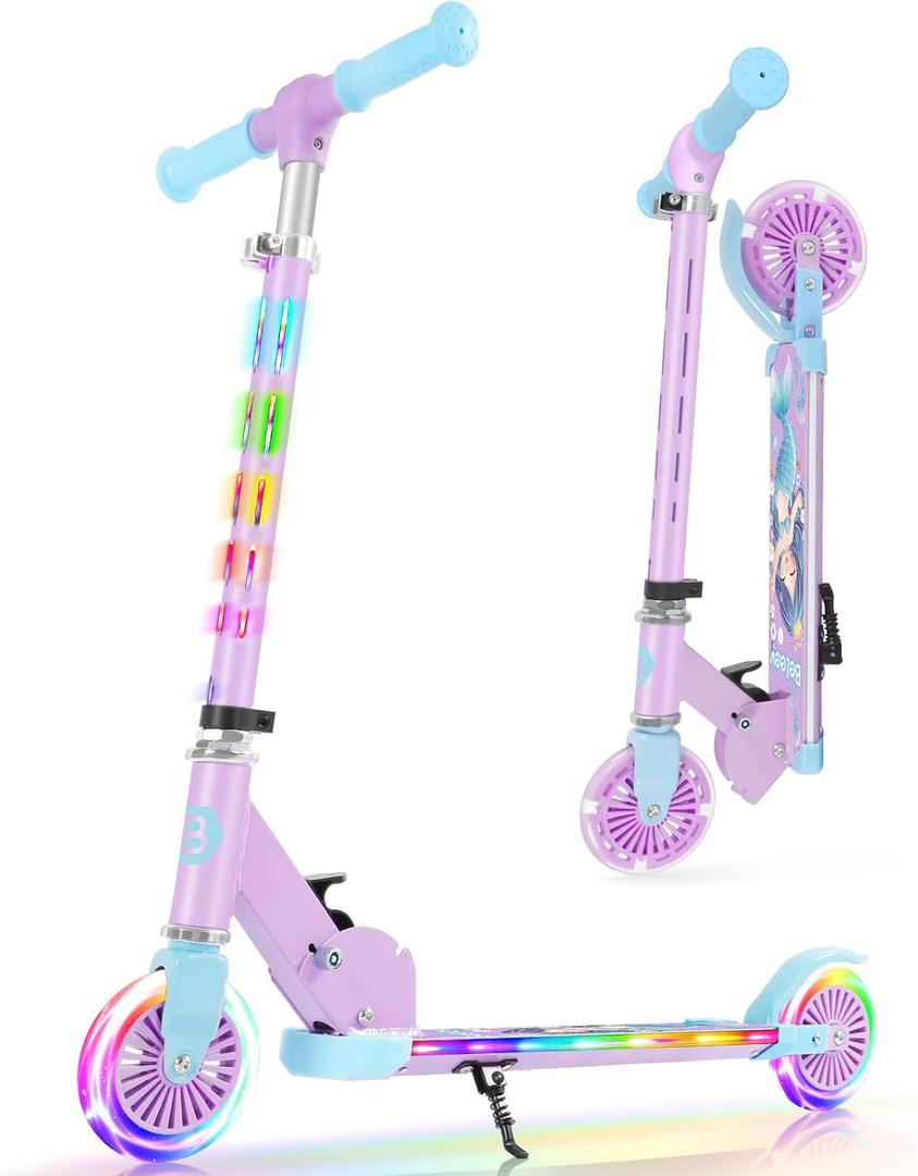 BELEEV V3 Scooter for Kids with Light-Up Wheels & Stem & Deck, 2 Wheel Folding Scooter for Girls Boys, 4 Adjustable Height, Lightweight Kick Scooter with Handy Kickstand for Children Ages 3-12 (Purple)