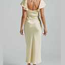 Summer Satin Flutter Sleeve Wedding Guest Dresses for Women Sweetheart Neckline Cutout Tie Back Midi Cocktail Dress (Yellow, S)