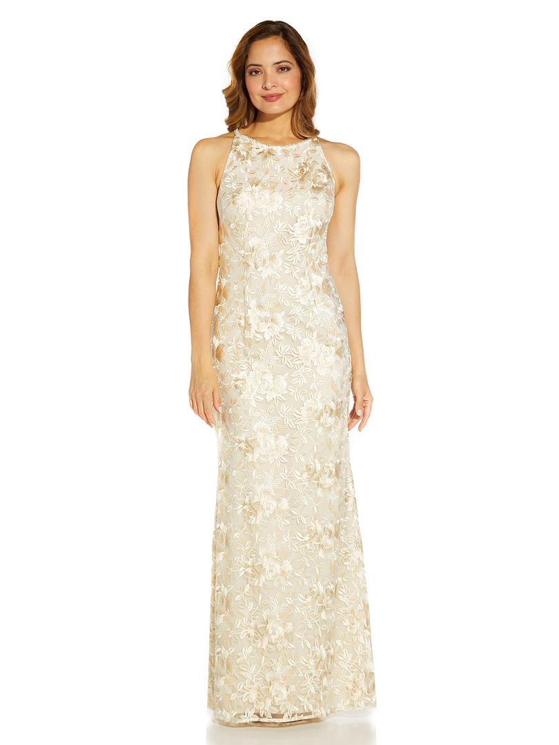 Adrianna Papell Floral Embriodery Cutaway Halter Gown, Ivory Multi, 10