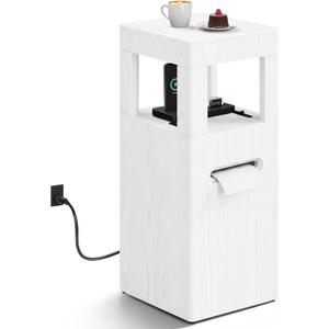Modern Square End Table with Charging Station for Living Room, 11.5 x 11.5 x 25.6, Mini Accent Side Table for Small Space, Simple Nightstand for Bedroom (Whitewash)