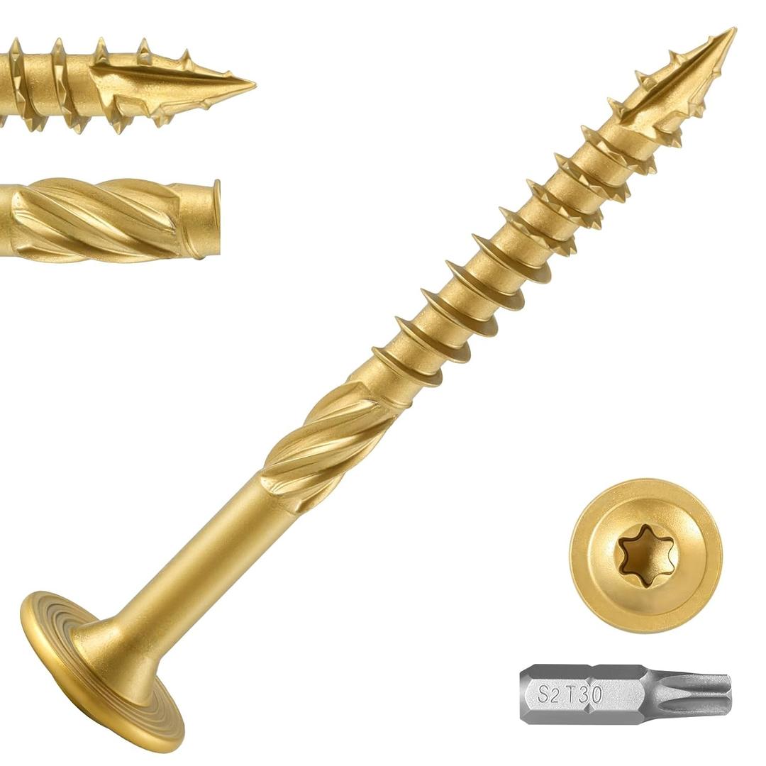 Lag Screws #14 x 3 Inch, (5lb, 208pcs) Heavy Duty Construction Structural Exterior Wood Timber Screws, Torx Drive Washer Head Rust Resistant Golden Epoxy Coated, with T30 Star Bit