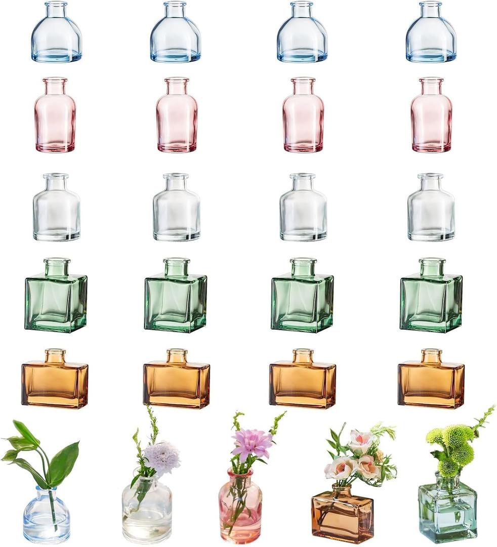 Glasseam Mini Bud Vases for Centerpieces: Colored Small Flower Vase Set of 20 Cute Tiny Glass Vases for Flowers Modern Decorative Wedding Table Centerpiece for Dining Room Decoration