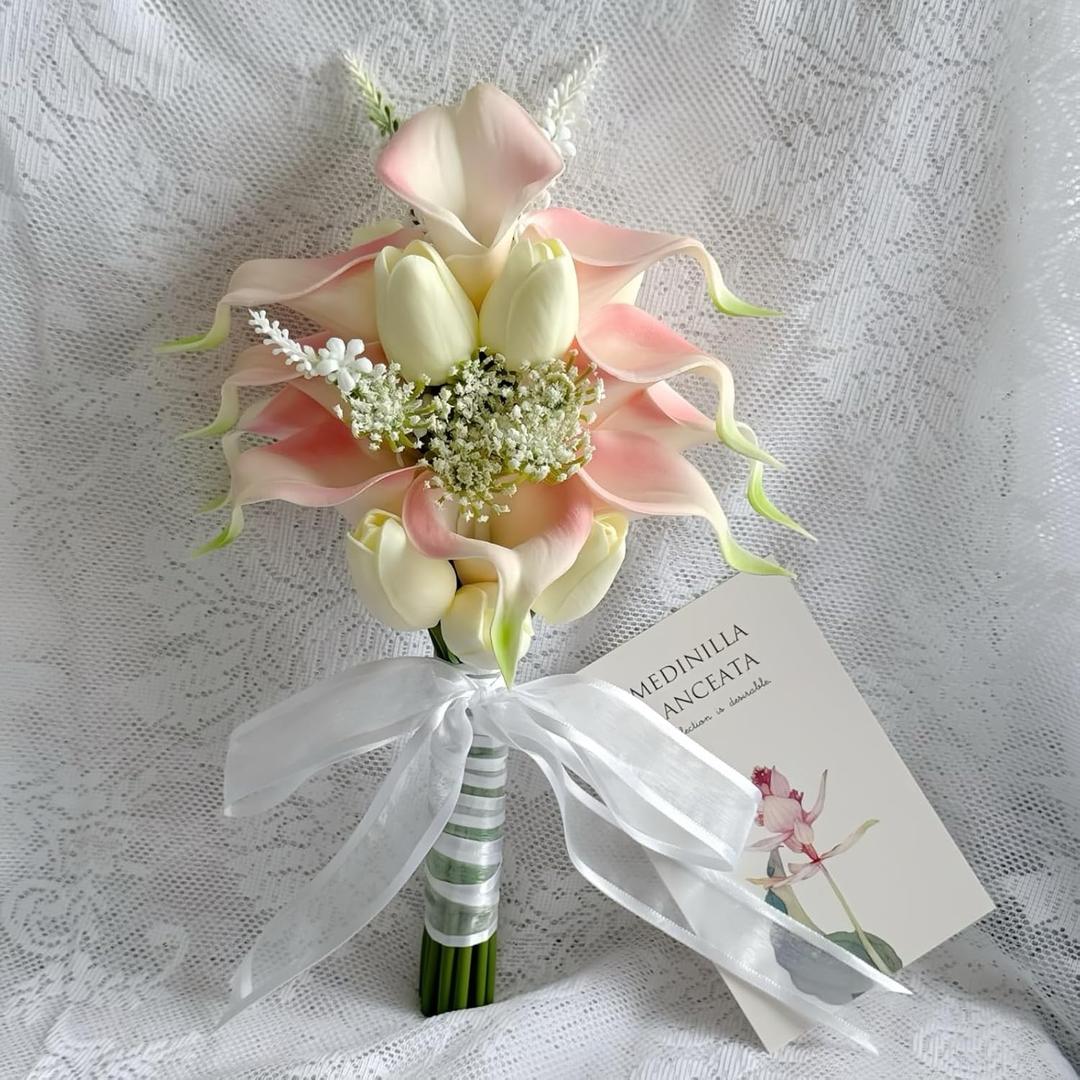 Floral Bouquet 12 Artificial Calla Lilies with 8 Artificial Tulip Flowers, Bridesmaid Bouquet with Wedding Ceremony Festivals Anniversary Bridal Rehearsal Party Bar Table Decor(Cream and Pink)