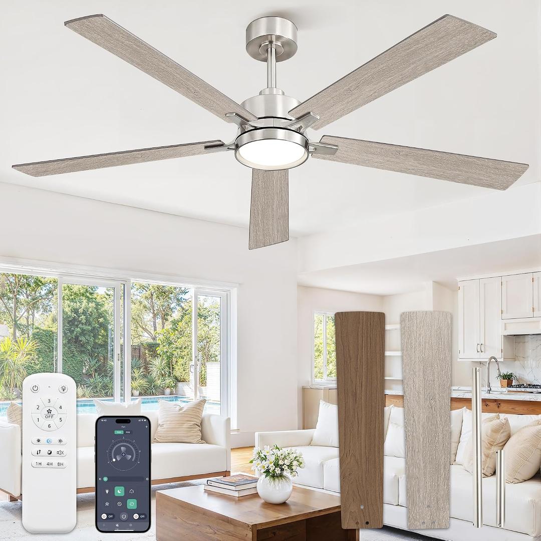 60 Inch Ceiling Fan with Lights,APP&Remote Control,DC Motor | Dimmable LED,3CCT,Memory Function,Dual-Finish Reversible Blades,Damp Rated,6 Speeds,Timer,Living Room,Bedroom,Covered Patio