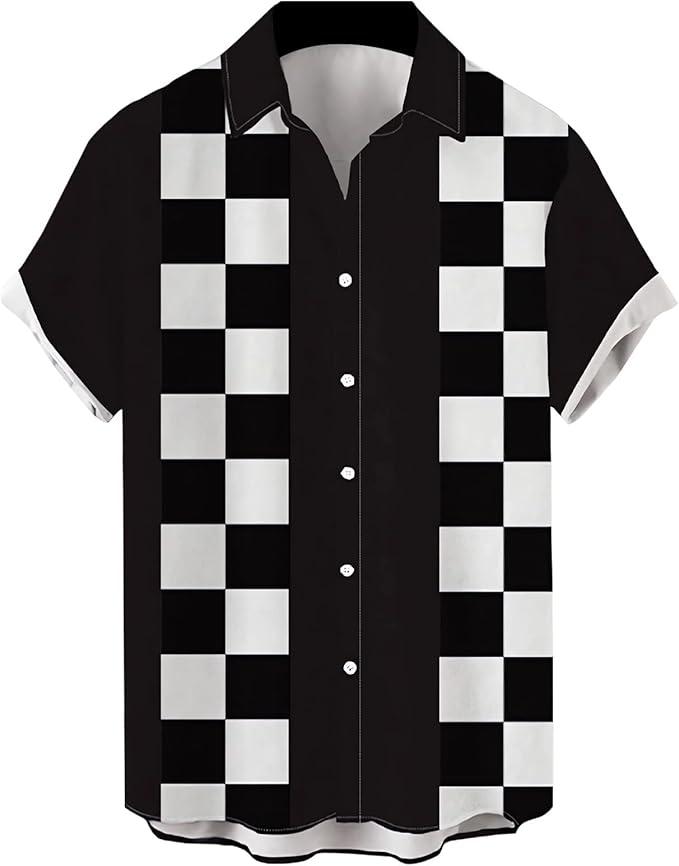 Deer Lady Mens Bowling Shirt 1950s Retro Print Hawaiian Shirts Short Sleeve Casual Button Down Shirt Beach Shirts Checkerboard White XL