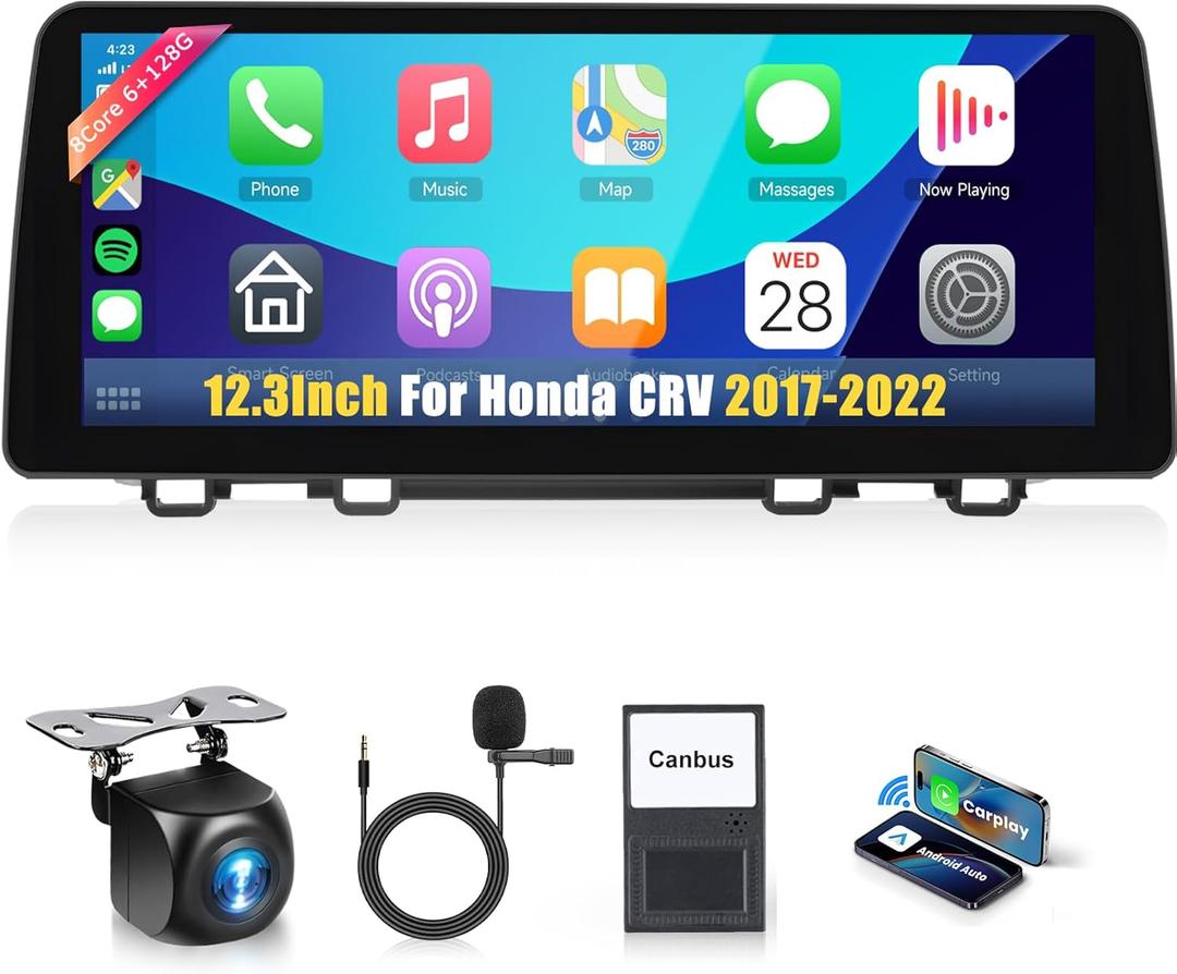 12.3" Car Stereo for Honda CRV 2017-20228Core 6+128G Wireless Carplay Android Auto,1920x720P IPS Touch Screen Radio,Android13/GPS/WiFi/32EQ DSP/59UI/Bluetooth5.0/DAB/FM/SWC/Backup Camera&Mic
