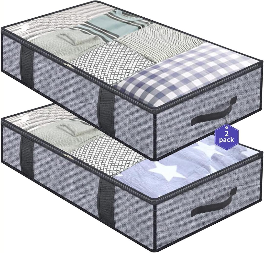 Onlyeasy Foldable Underbed Bags 2 Pack - Blankets Clothes Comforters Storage Bag Breathable Zippered Organizer for Bedroom with Clear Window and 4 Handles, 39.4x19.7x5.9 in, Linen-like Grey, MXDUBBP2 (Basic Soft Side Wall - Linen Like Grey)