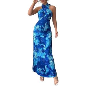 Floerns Women's Tie Dye Criss Cross Halter Dress Sleeveless Bodycon Maxi Prom Dresses M