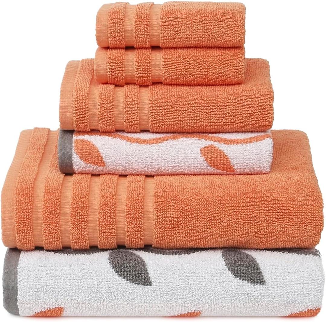 Modern Threads Organic Vines 6-Piece 100% Cotton Towel Set  Yarn Dyed Jacquard & Solid  Includes 2 Bath Towels, 2 Hand Towels, 2 Washcloths  Absorbent, Quick Dry, Soft & Durable  Orange