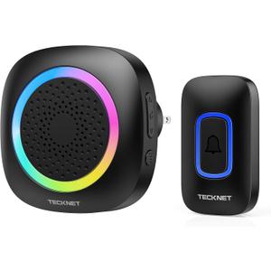TECKNET Plug-in Wireless Doorbell with RGB Lighting & 1300 Feet Range,IP66 Waterproof Doorbell for Home/Classroom/Office/Business,60 Chimes,5-Level Volume,4.5-Year Battery Life(Black)