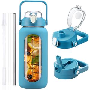 64 oz Glass Water Bottle with Straw and 2 Lids, Half Gallon Water Bottle with Sleeve, Large Insulated 2 Liter Glass Water Jug Time Marker with Handle (Steel Blue)