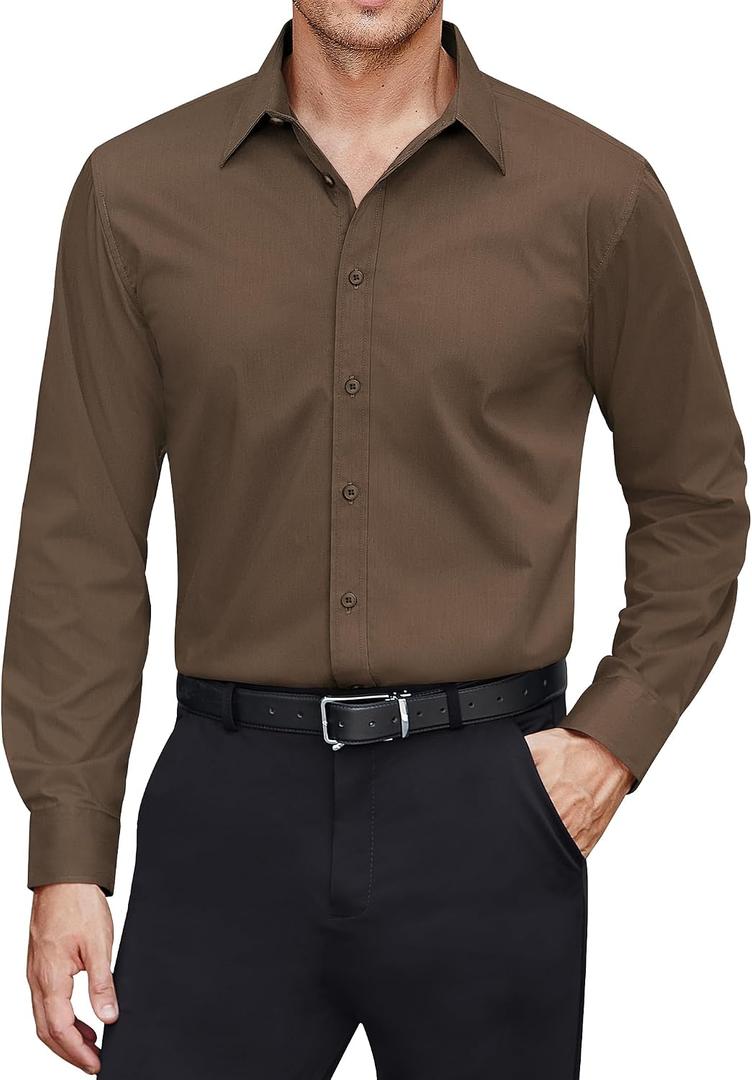 J.VER Men's Dress Shirts Stretch Stain Shield Long Sleeve Solid Formal Shirt Business Casual Button Down Shirts (Brown, L)