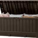 Keter Kentwood 92 Gallon Resin Deck Box-Organization and Storage for Patio Furniture Outdoor Cushions, Throw Pillows, Garden Tools and Pool Floats, Brown