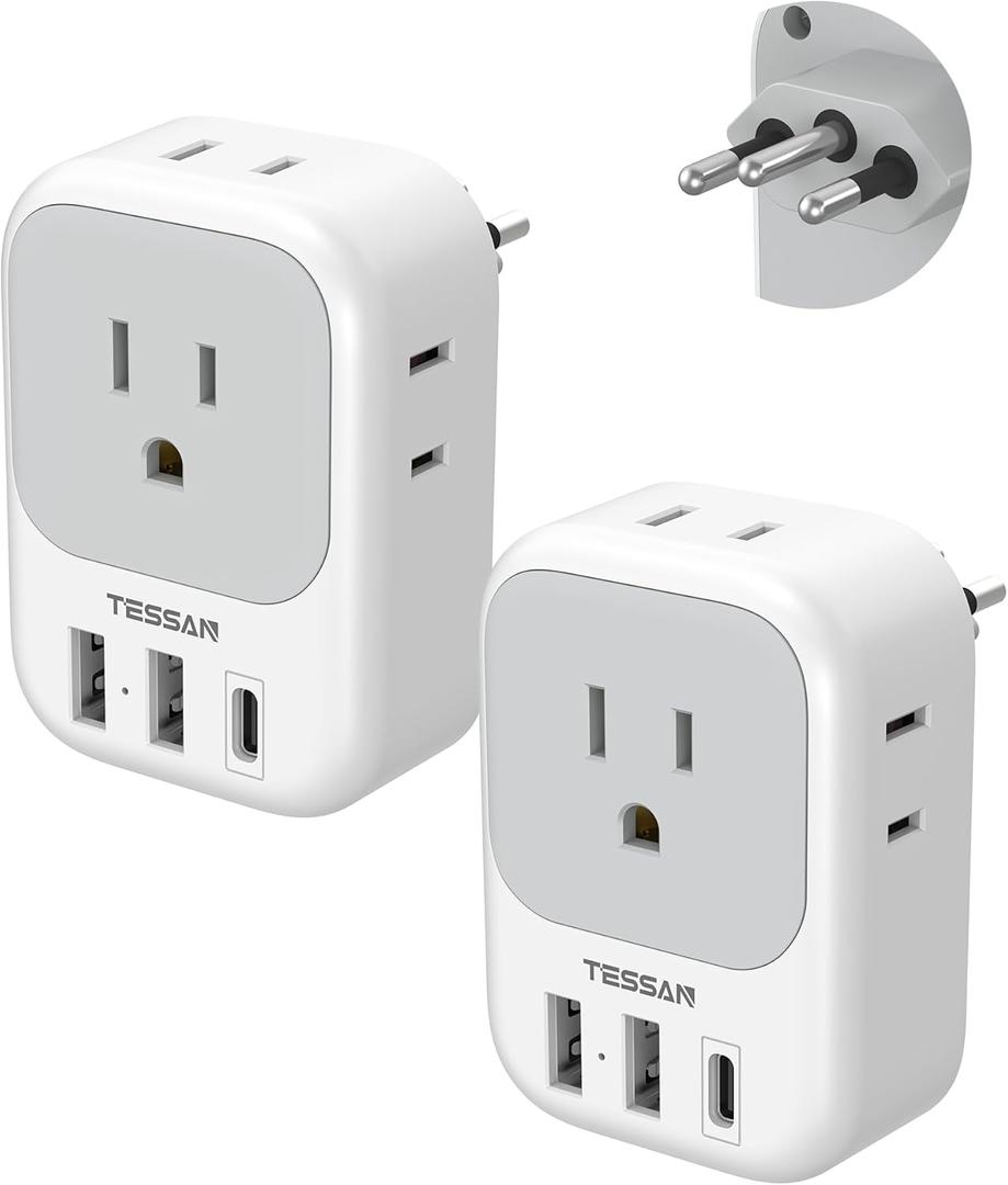 TESSAN Brazil Plug Adapter 2 Pack, 7 in 1 US to Brazil Power Adapter with 3 USB Ports (1 USB-C Port) 4 American Outlets, Type N Travel Adaptor for USA to Brazilian
