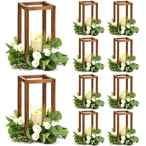 Sabary 10 Sets/ 20 Pcs Wooden Lantern Candle Holders with Candles for Wedding Decoration Vintage Table Centerpiece Farmhouse Rustic Candle Lantern for Indoor Fireplace Dining Party Decor (Caramel)