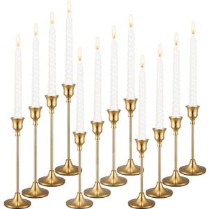 Set of 12 Brass Gold Candle Holder Candlestick Holders Taper Candle Holders Metal Candle Stick Wedding Centerpieces for Tables Candlelight Dinner Home Decor(Candles not Include) (4 Set)