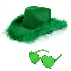 4E's Novelty Cowboy Hat with feathers With Heart Shaped Sunglasses for Women, Felt Cowgirl Hat for Party Costume Dress Up (Green)