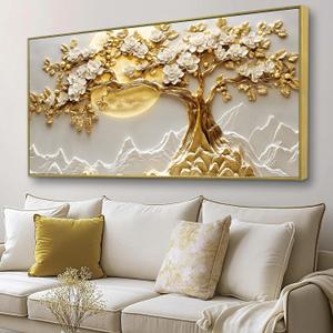 Large Framed Golden Yellow Tree Wall Art, Luxury Floral Canvas Decor with Yellow Moon, Ready to Hang Wall Hanging for Living Room Bedroom Office, 29x58 Inch.