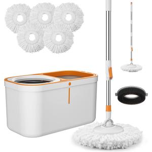 Spin Mop Bucket with Wringer System Extended Mop Handle 61Mop and Bucket for Floors Cleaning with 5 Replacement Head Refill 1 Cleaning Brush Head