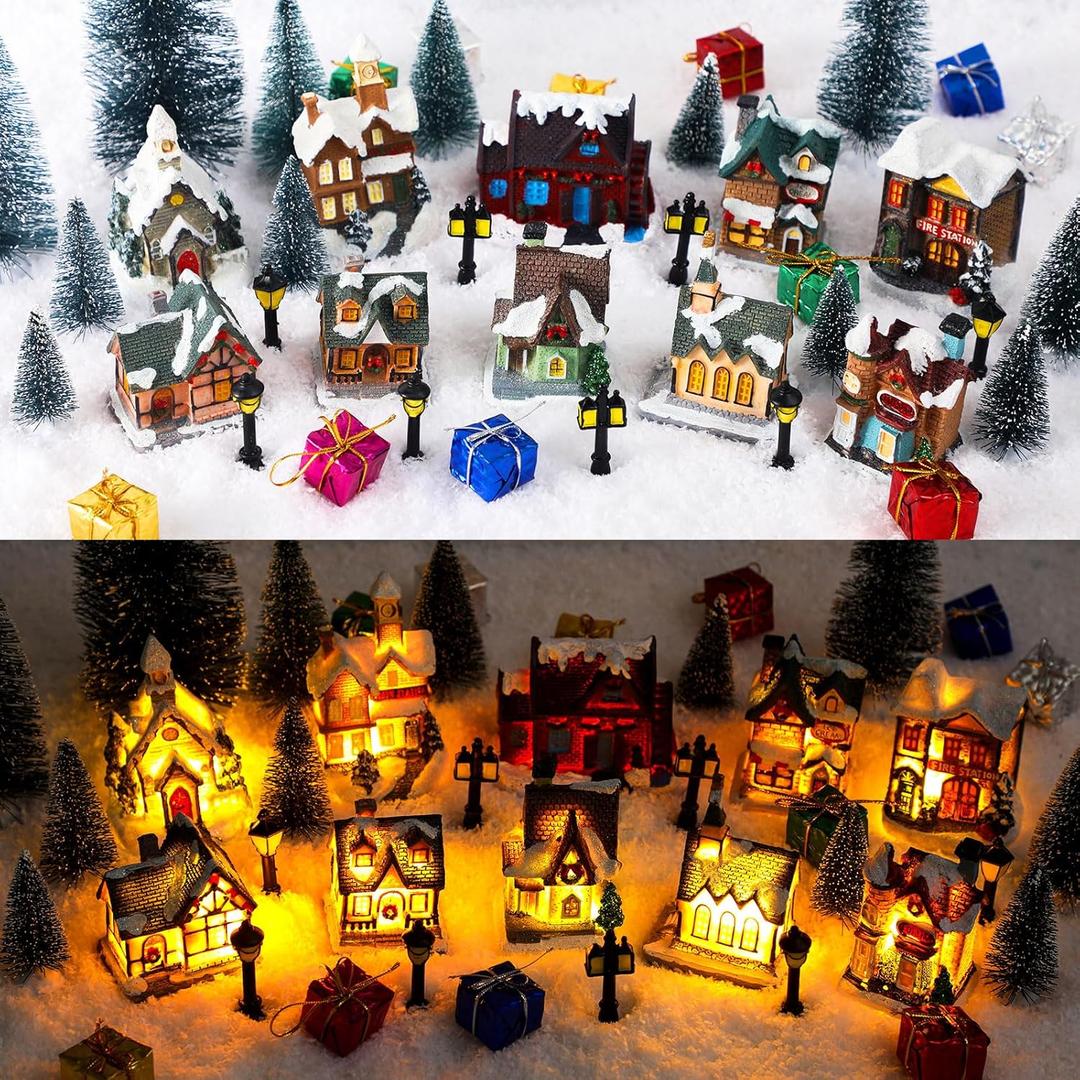 Shappy 48 Pcs Christmas Village Houses Town Buildings Accessories 10 Light up Christmas Village House 12 Mini Trees 12 LED Lights 2 Snow Blanket Gift Box for DIY(Classical Style)