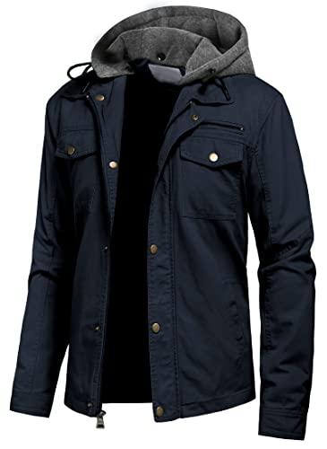 Pursky Men Cotton Lightweight Jacket Military Canvas Jackets Casual Button Work Coat Multiple Pockets Windbreaker Navy S