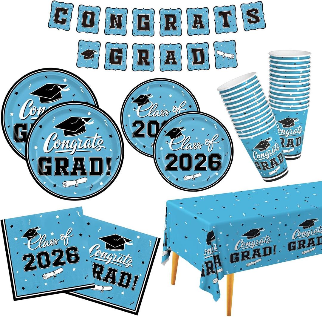 Graduation Party Supplies Gatherfun Graduation Party Dinnerware Set Sky Blue Disposable Paper Plates Napkins Cups Tablecloth Banner for Congrats Grad Party Decorations, Serve 25