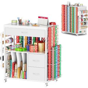 PUNLUXU Large Wrapping Paper Storage Cart with Ribbon Holder 03 MAX | Large gift wrap station with storage for up to 30 rolls, ribbon dispenser, gift bag area, drawers and lockable casters