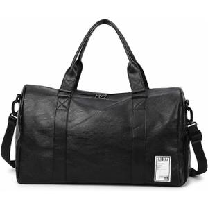 Sports Travel Gym Duffel Bag, Black, PU Leather, with Separate Shoe Compartment, Wet and Dry Separation, Large