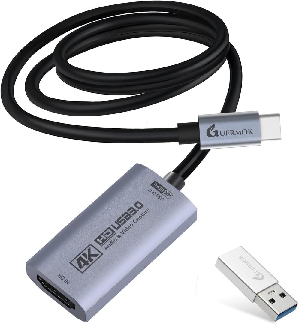 Guermok Switch Capture Card, Stream and Record in 4K@60FPS, 1080P@240FPS, 3.3ft, USB3.0 HDMI to USBC Video Capture Card for Streaming, Works with iPad, Switch 2/1, PS5/4, Quest 3/Mac/PC/OBS/Xbox (Silver Straight)