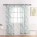 VISIONTEX Voile Printed Sheer Curtains, European Abstract Style Blue and Yellow Leaves Print, 2 Panels Pair for Home Window Decoration, Rod Pocket 54 by 84 Inch