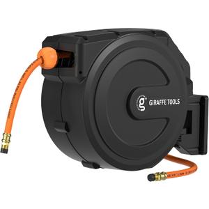 Giraffe Tools Retractable Air Hose Reel Enclosed with 3/8 in. x 50 ft Hybrid Hose, Lightweight Compressor Hose Reel Wall Mounted with 180 Swivel Bracket, 300 PSI