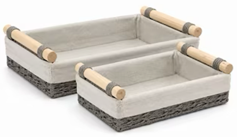 Woven Storage Baskets with Handles,Rectangle Paper Rope Rustic Baskets Cloth Lined for Shelves Home Bathroom Organizing,Wicker Storage Containers, 2-PACK 