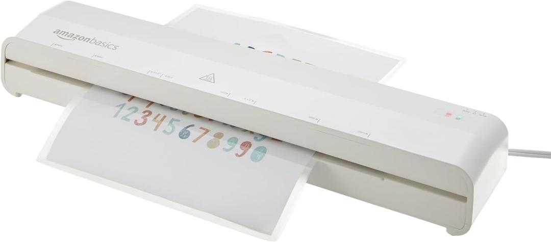 Amazon Basics 12-Inch Thermal Laminator Machine, 1 Min Fast Warm-Up, for Documents Photos, Home/Office/School Use, 20 Pouches Included, White