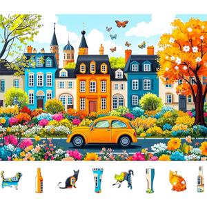 Colorful City Street Jigsaw Puzzles for Adults 500 Pieces Spring Vintage Car and Flower Garden Scene Puzzle Family Challenging Funny Puzzle Perfect for Game Nights(21"x15")