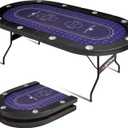 REAHOISY Poker Table Foldable, Casino Leisure Gamimg Table for 8/10 Player, Folding Texas Holdem Blackjack Table with Padded Rails & Cup Holders for Home Game Room, 84 Inch