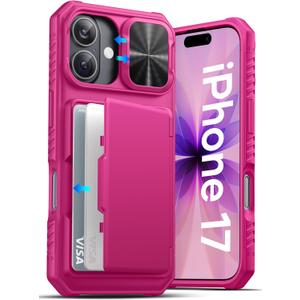 ATATOO for iPhone 17 Wallet Case with Card Holder (3-5 Cards) & [RFID Blocking] & Sliding Camera Cover, Military Grade Drop Protection, Women Men Cute Cover Case for iPhone 17 6.3" 2025, Hot Pink