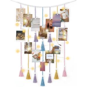 Mkono Macrame Hanging Photo Display Wall Decor with String Lights Boho Room Bedroom Wooden Beads Garland Picture Greeting Cards Holder with 30 Clips (Medium, Multi Color)