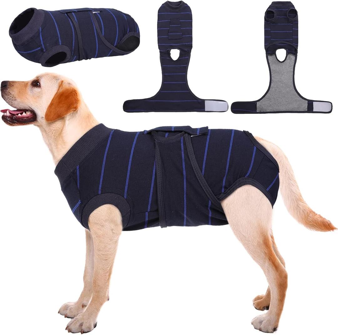 Kuoser Dog Surgery Recovery Suit, Soft Breathable Dog Recovery Suit for Female Spay Male Neuter, Anti Licking Puppy Onesie Pet Surgical Suit for Dogs Abdominal Wounds Skin Disease, Blue Strips L (Large (Back: 16.1" - 20.1"; Weight: 23 - 48LB))
