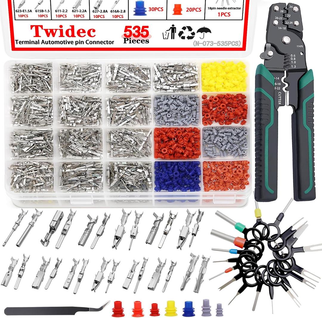 Twidec/535Pcs Car Electrical Wire Terminal Pins Connector Kit 1/1.5/1.8/2.2/2.8/3.5mm 26Type Male&Female Connectors Pin Terminal Auto Non-Insulated Plug Removal Crimp Pins With Wire Crimper Tool