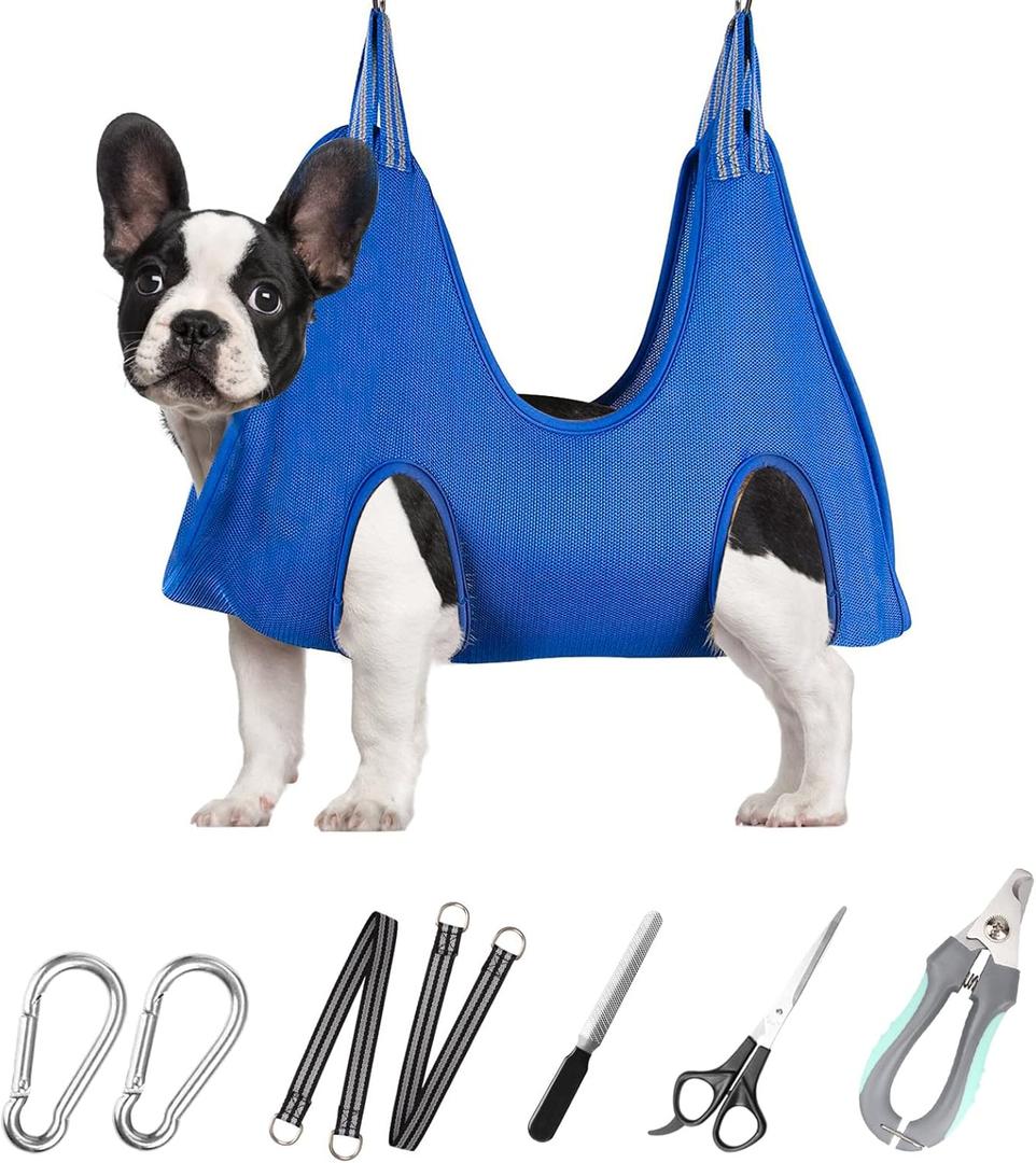 ATESON Pet Grooming Hammock for Small Dogs & Cats with Nail Clippers/Nail Trimmers/Grooming Scissors, Dog Grooming Harness for Nail Trimming, Pet Grooming Sling Helper (Blue), Size Small
