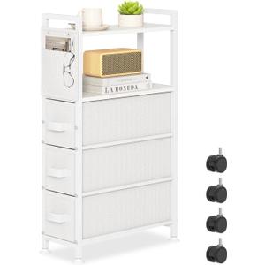 Oppro 3 Drawer Small Narrow Side End Table for Small Spaces, Slim Nightstand Bedside Sofa Table with Wheels, Space Saving Skinny Thin Couch Desk with Storage Bag for Bedroom Living Room Bathroom,White