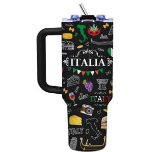 Italy 40 oz Tumbler with Handle and Straw, Italy Souvenirs Insulated Travel Mug Iced Coffee Cup, Birthday Gifts for Women, Men, Christmas Thanksgiving Day Gifts for Italian