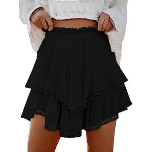 Lepunuo Boho Shorts for Women High Waisted Ruffle Tiered Flowy Skirts with Shorts Underneath Western Skorts (Black, L)