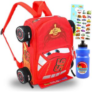 Disney Cars Mini Backpack for Kids - Bundle with 14 Lightning McQueen Backpack with Water Bottle, Stickers, More | 3D Lightning McQueen Travel Bag Set for Girls, Boys