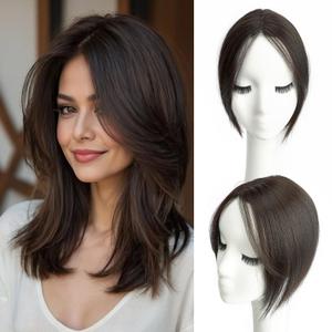 10" Clip in Bangs Hand-tied Base, 360 Clip In Hair Topper No Bangs Upgrade Handmade Hair Extensions (Dark Brown)