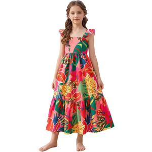 SOLY HUX Toddler Girl's Summer Dress Floral Print Square Neck Sleeveless Flowy Maxi Long Dresses (Green, 4Y)