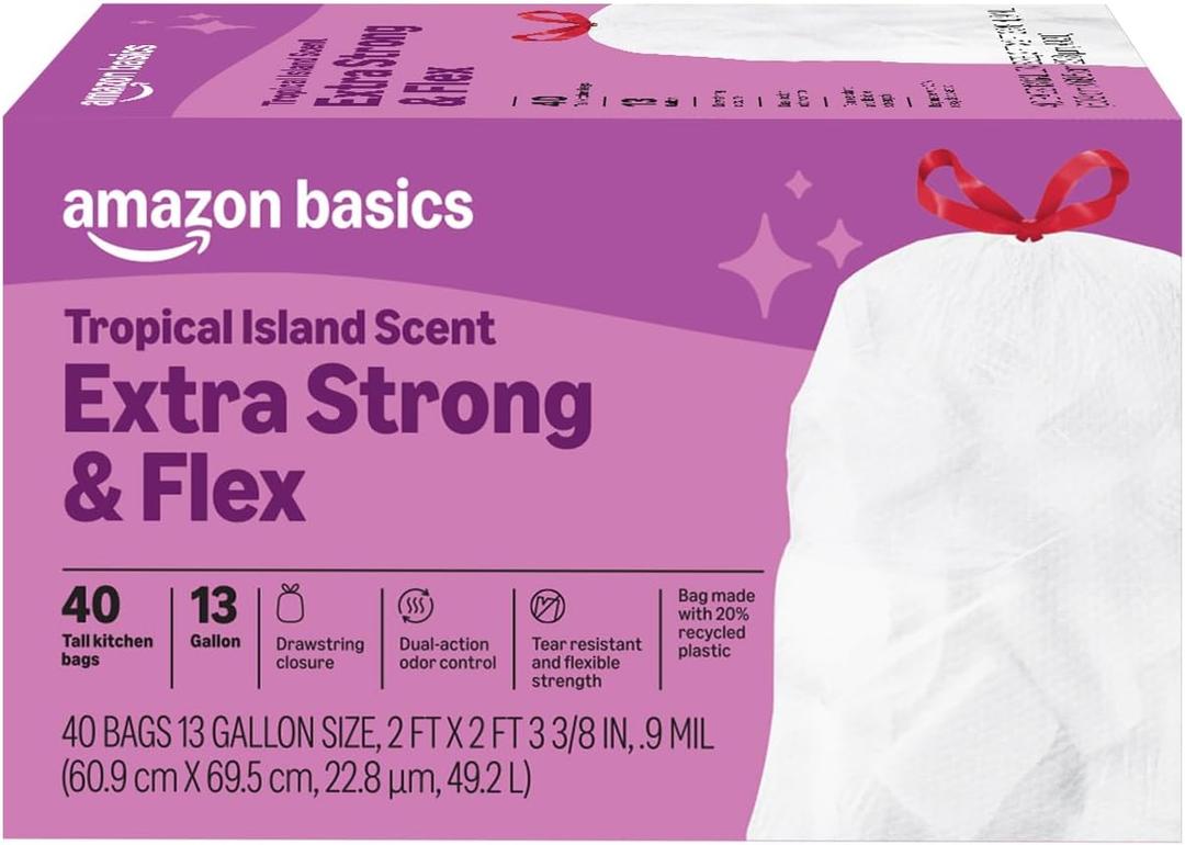Amazon Basics Extra Strong & Flex Tall Kitchen Drawstring Trash Bags, Tropical Island Scent, 13 Gallon, 40 Count Amazon Basics Extra Strong & Flex Tall Kitchen Drawstring Trash Bags, Tropical Island Scent, 13 Gallon, 40 Count