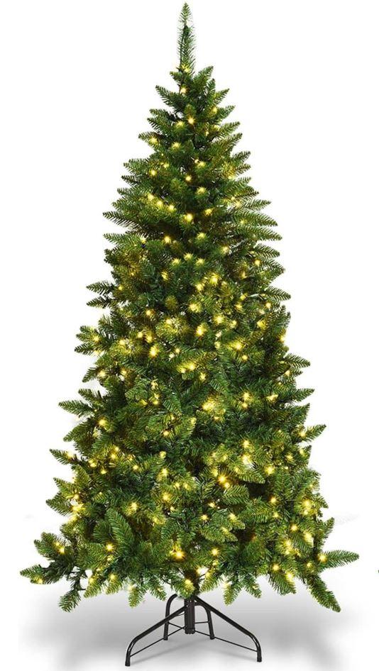 Goplus 6ft Prelit Half-Shape Christmas Tree, Premium 427 PVC Needles Artificial Tree, with 250 LED Lights, Metal Stand, for Xmas Indoor Decoration